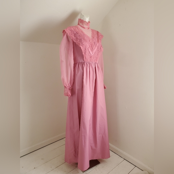 70s Vintage Pink Formal Gown With Long Chiffon Sleeves - Picture 4 of 10